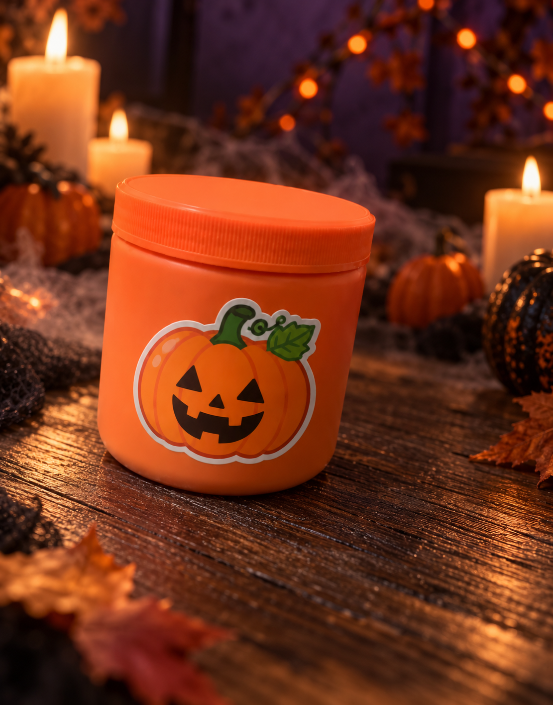 Closed orange sample jar with a jack-o'-lantern sticker on a wooden table, with candles and small decorative pumpkins.